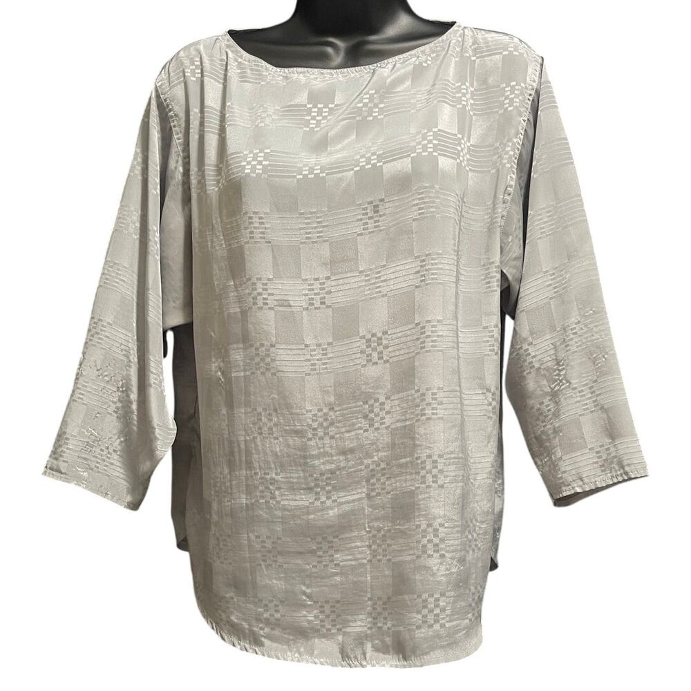 Vintage Alexandria Medium Silver Gray Satin Long Sleeve Blouse w/Block Accents